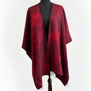 CHICOS Ruana Wrap Women One Size Red Black Paisley Jacquard Shawl Poncho Blanket